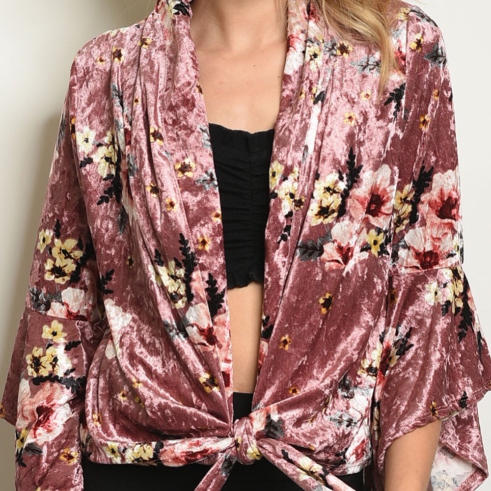 ❌DONATED❌Mauve Pink Floral Tie Waist Crushed Velvet Top - Picture 2 of 9